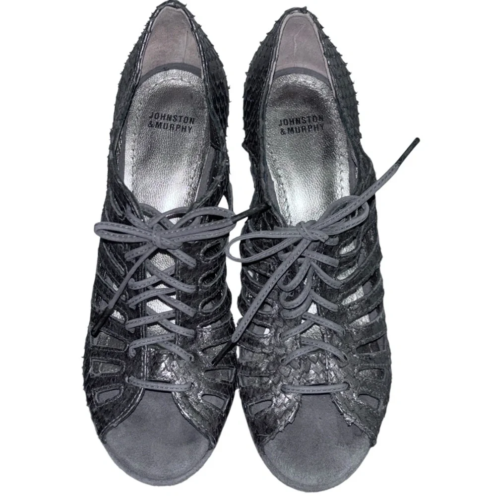 Johnston Murphy Maddie Caged Wedge Platform Sandals Pewter Leather